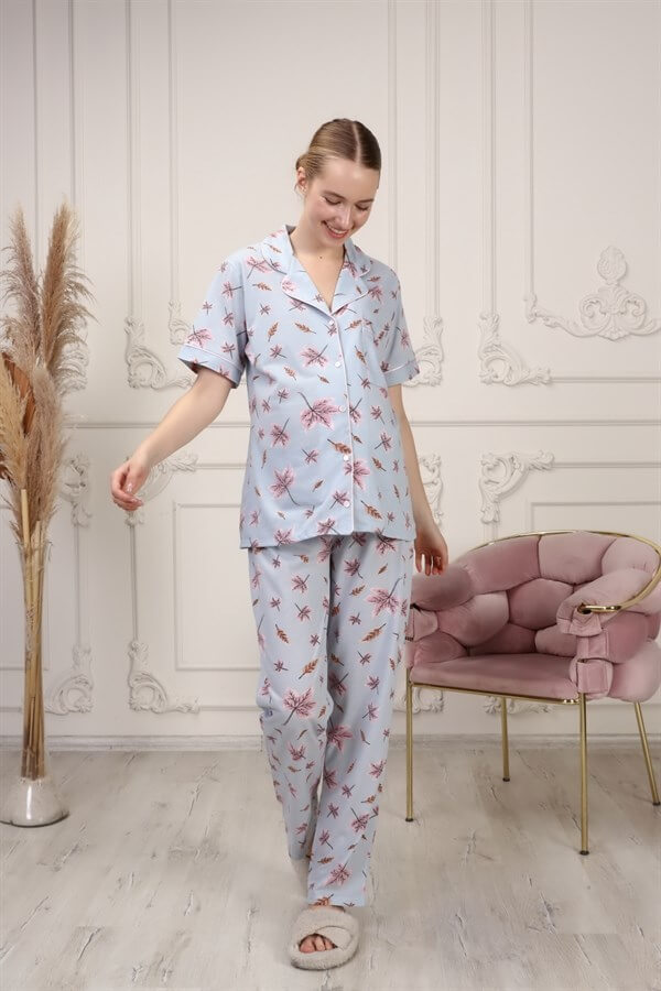 La Lumiere Mavi Yaprak Desenli Kısa Kol Pijama Takımı