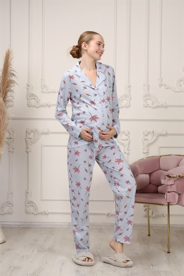 La Lumiere Mavi Yaprak Desenli Uzun Kol Pijama Takımı