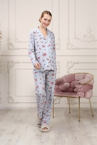 La Lumiere Mavi Yaprak Desenli Uzun Kol Pijama Takımı
