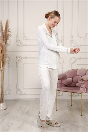La Lumiere Viskon Mavi Yıldız Desenli Beyaz Uzun Kol Pijama Takımı