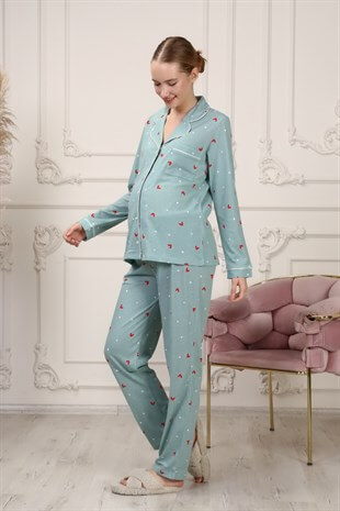 La Lumiere Yeşil Kalpli Uzun Kol Pijama Takımı